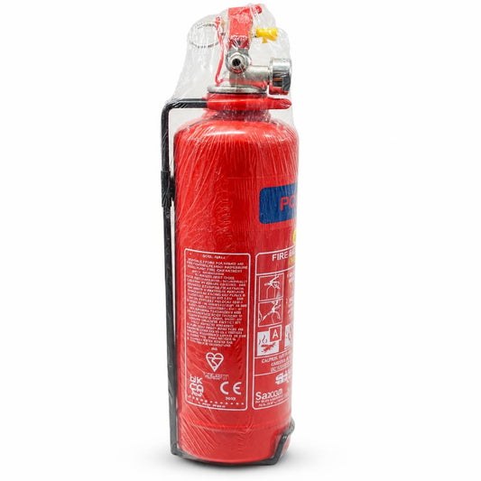 Side view of Sakura Powder Fire Extinguisher 1kg with instructions