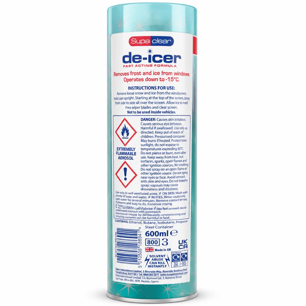 Back label of Supa Clear De-Icer showing instructions and warnings
