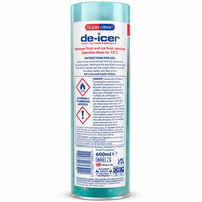 Back label of Supa Clear De-Icer showing instructions and warnings