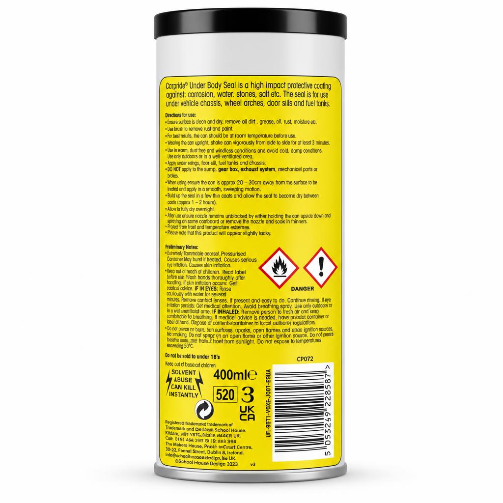 Carpride Underbody Seal spray can - back view with instructions