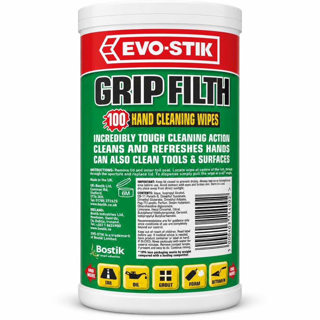 Evo-Stik Grip Filth Hand Cleaning Wipes back packaging