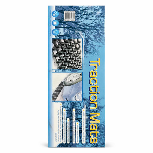Packaging of Traction Mats highlighting vehicle usage in snow