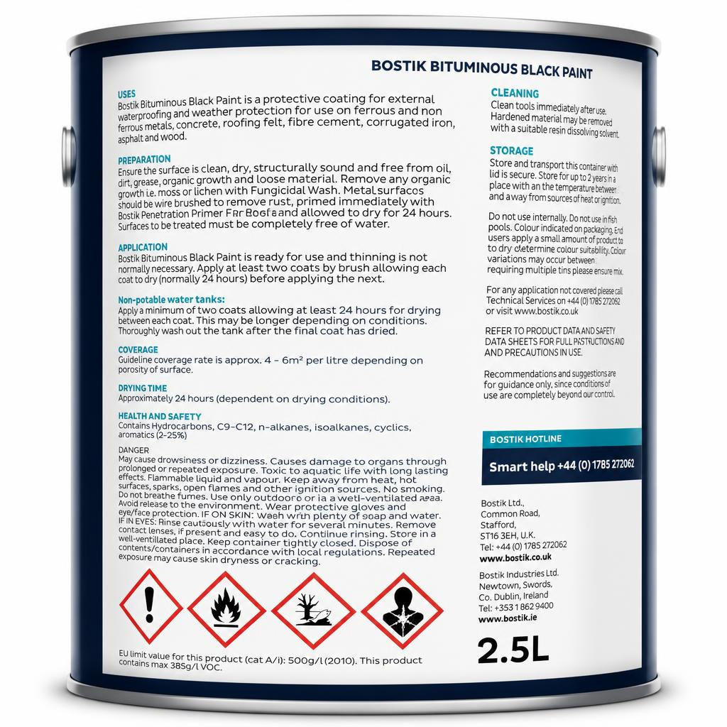 Bostik Bituminous Black Paint 2.5L back packaging