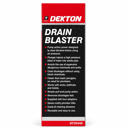 Side view of Dekton Drain Blaster packaging with features