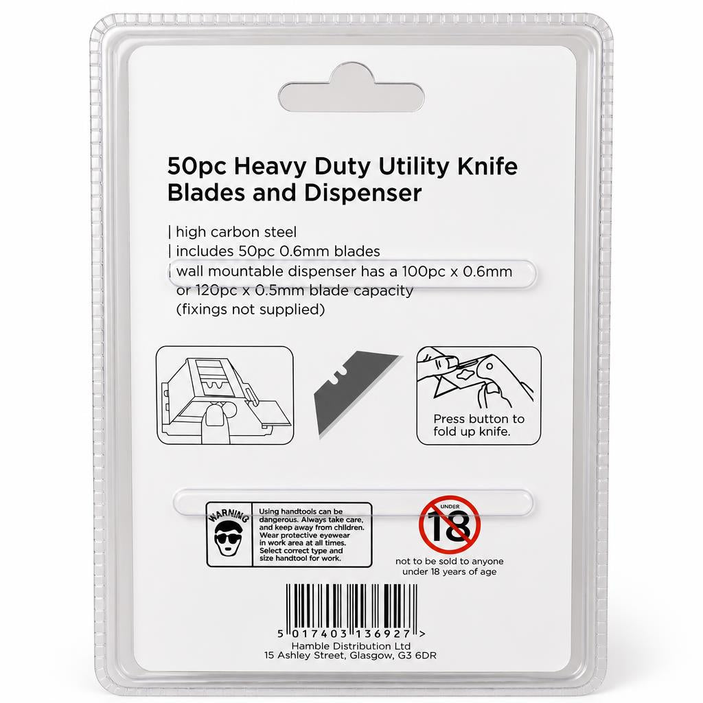Back of Blackspur 50pc Utility Knife Blades packaging with details