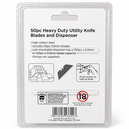 Back of Blackspur 50pc Utility Knife Blades packaging with details