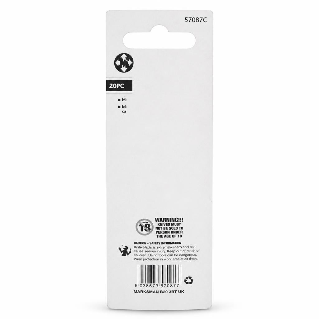 Back of Marksman 20PC Snap-Off Cutter Blades package with safety information.