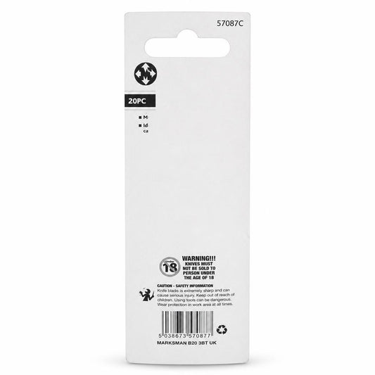 Back of Marksman 20PC Snap-Off Cutter Blades package with safety information.