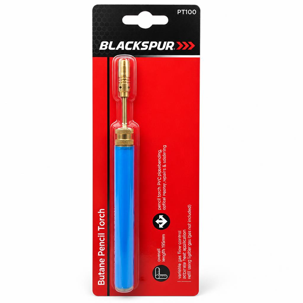 Front view of Blackspur Butane Pencil Torch PT100 packaging