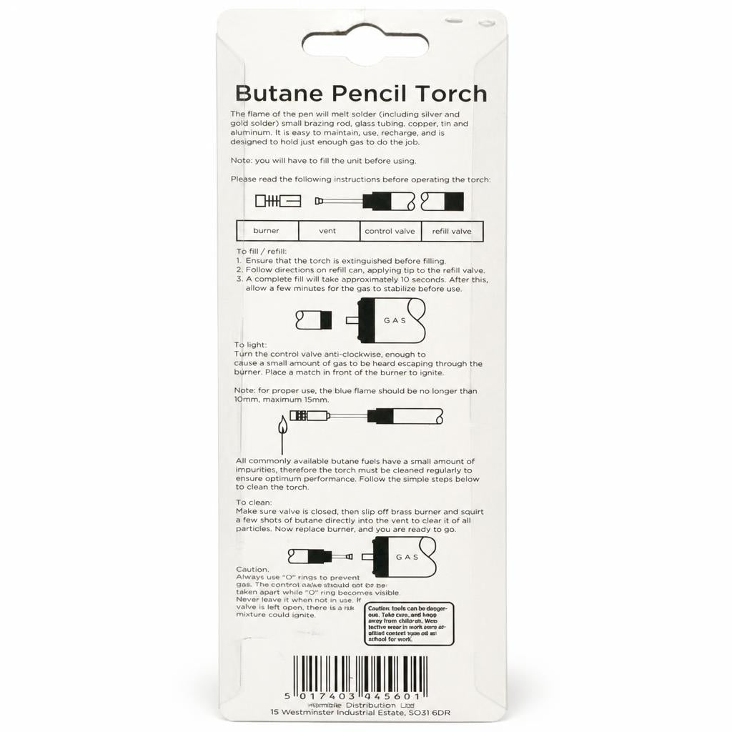 Back view of Blackspur Butane Pencil Torch PT100 packaging with instructions