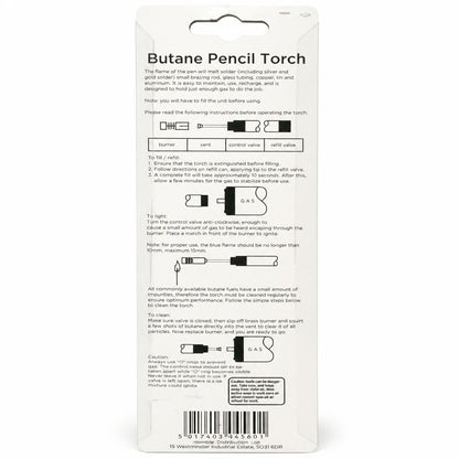 Back view of Blackspur Butane Pencil Torch PT100 packaging with instructions