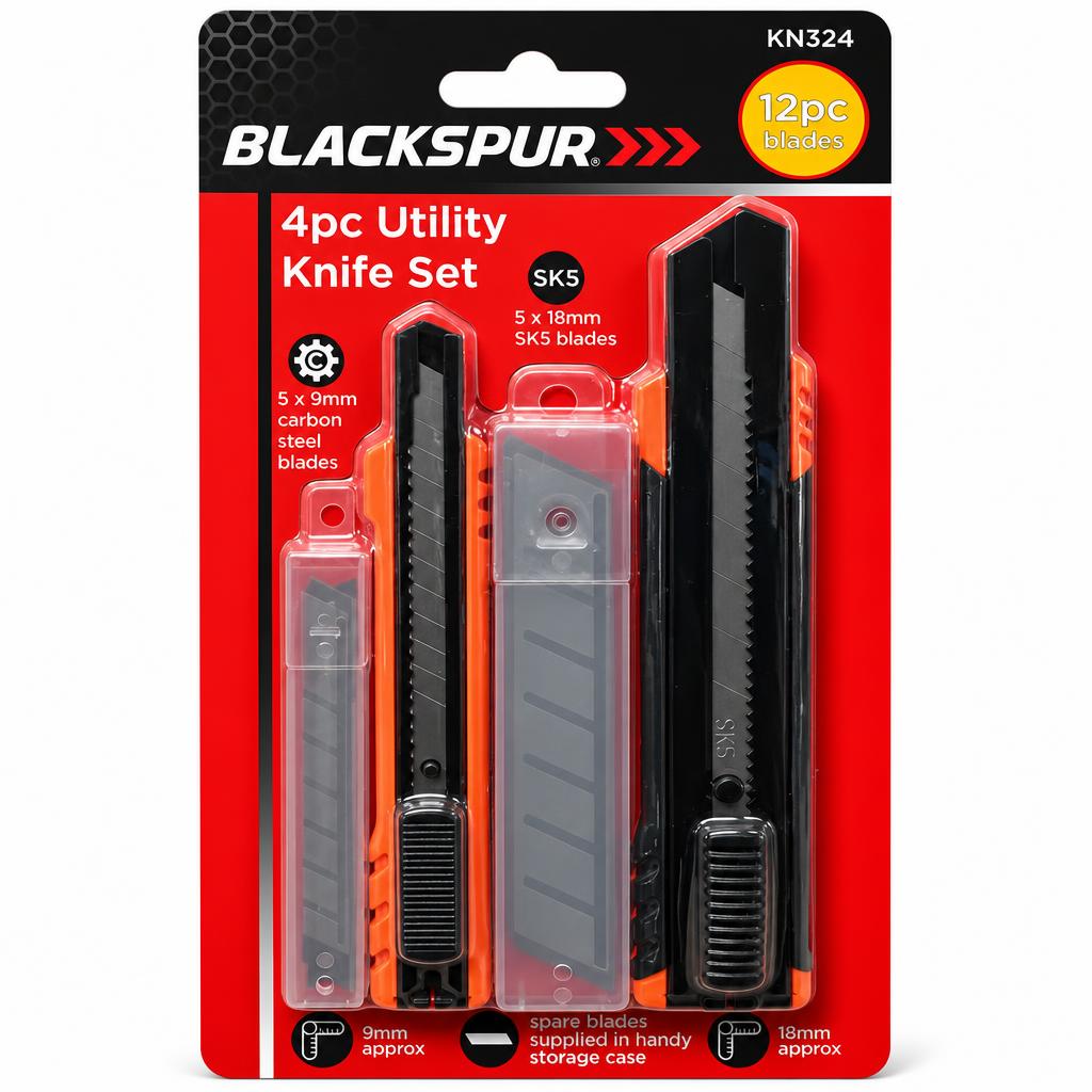 Front view of Blackspur 4pc Utility Knife Set packaging