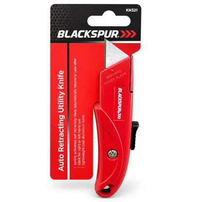 Front view of Blackspur Auto Retracting Utility Knife in packaging