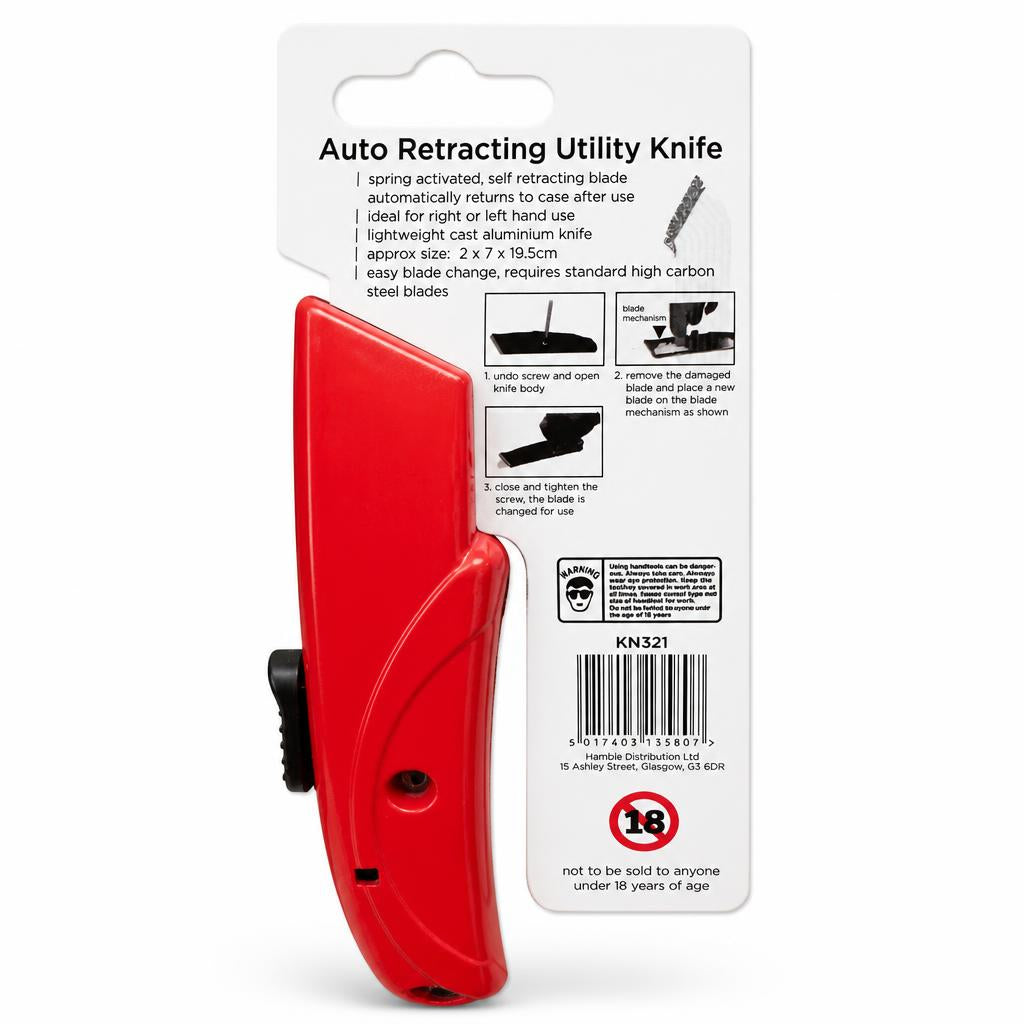 Back view of Blackspur Auto Retracting Utility Knife with safety information