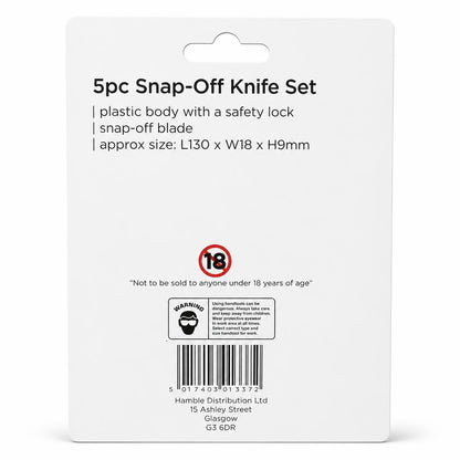 Back view of packaging for Blackspur 5pc Snap-Off Knife Set KN325