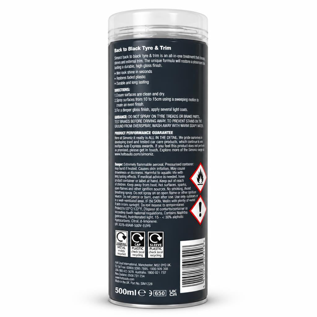 Simoniz Back to Black Tyre & Trim spray can information panel