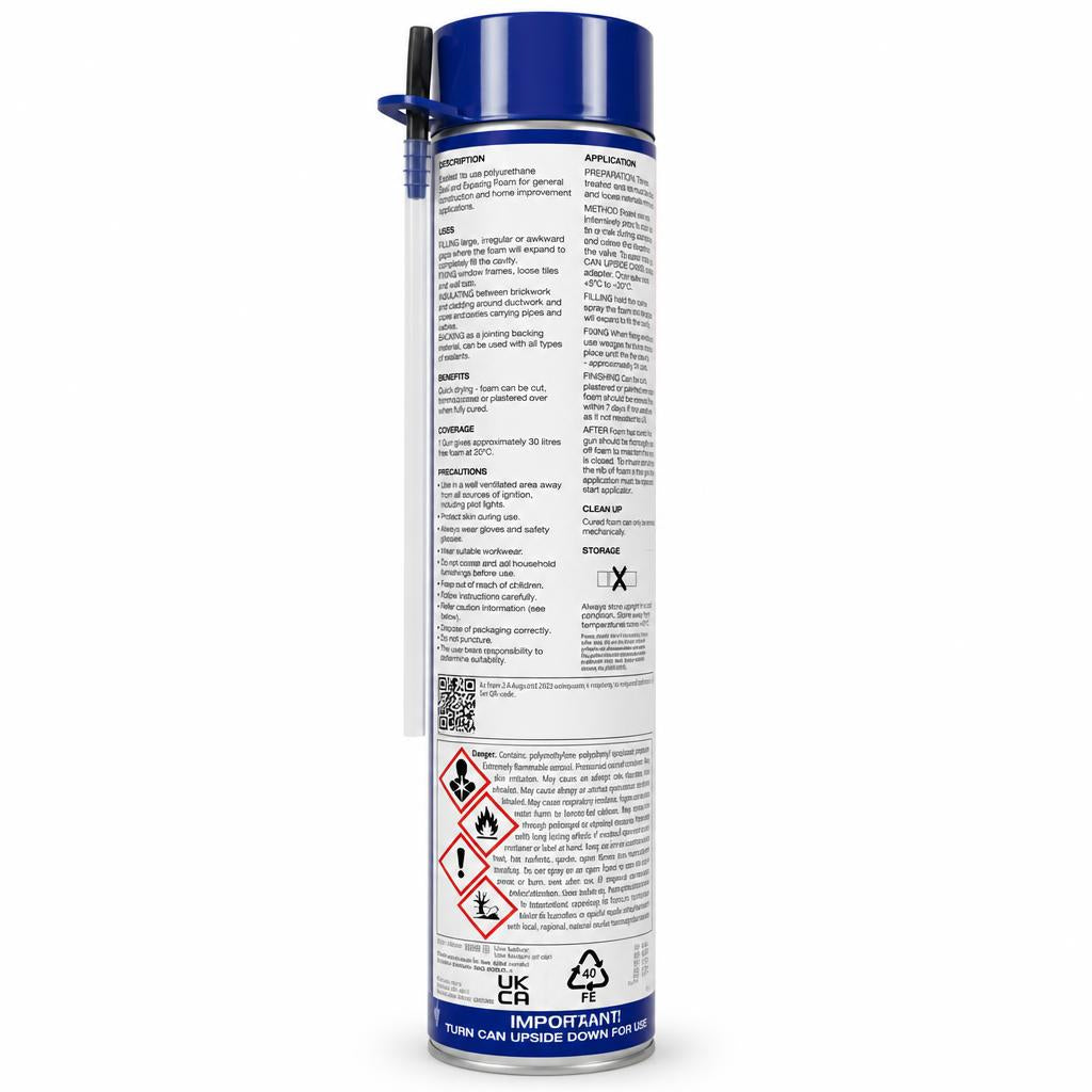 Back view of SupaDec High Performance Expanding Foam 750ml with instructions and safety warnings