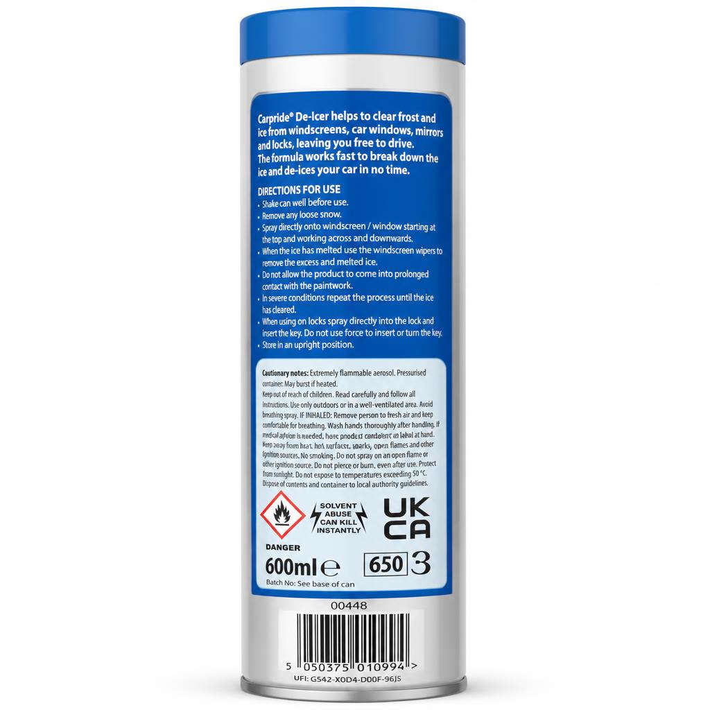 Back view of Carpride De-Icer with instructions and safety information