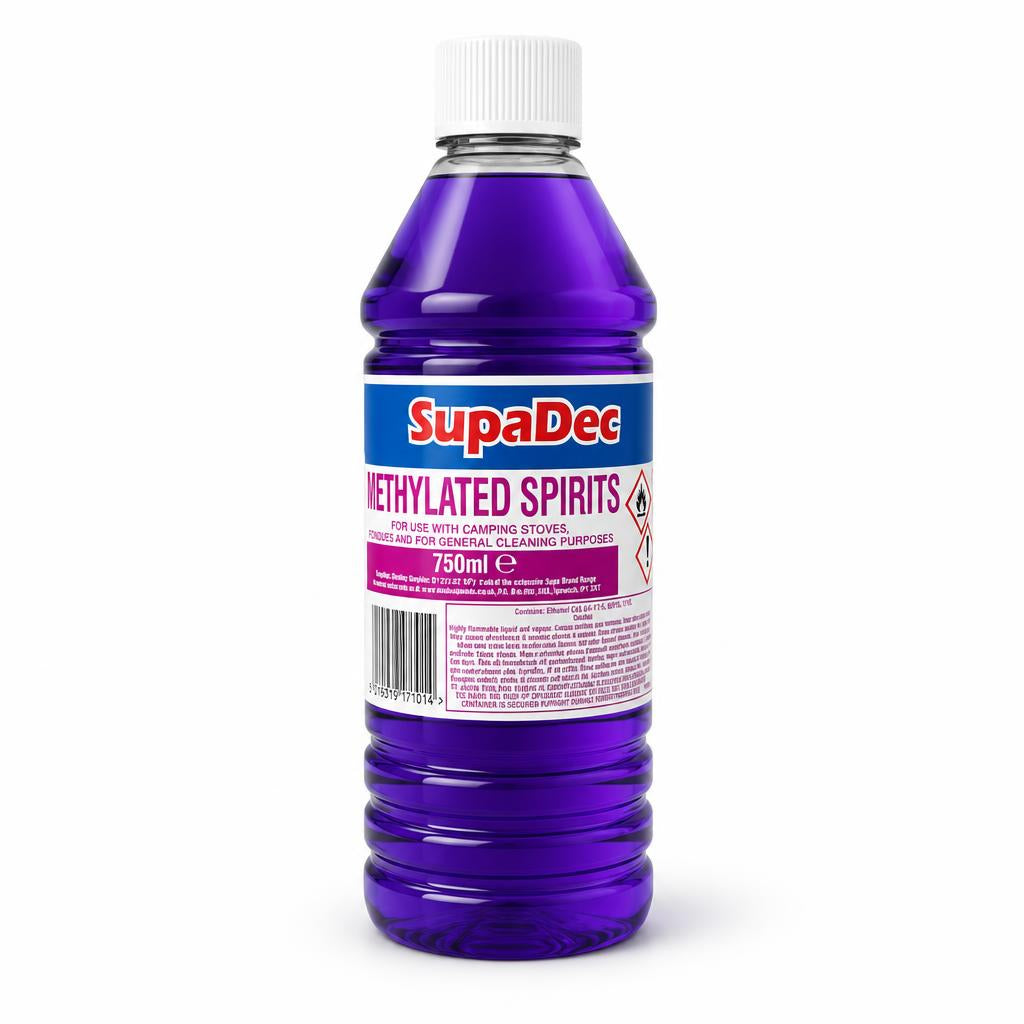 Bottle of SupaDec Methylated Spirits on cardboard box