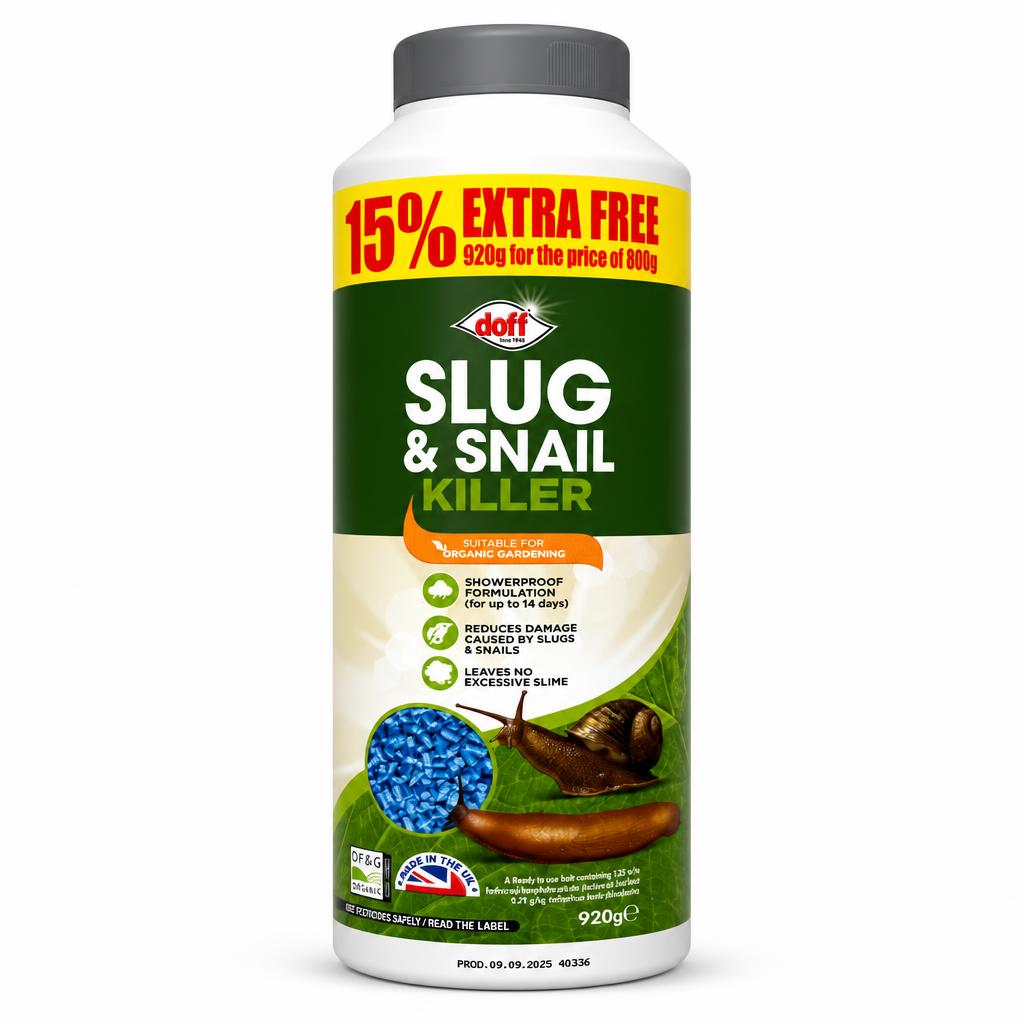 Front view of Doff Slug & Snail Killer packaging showing 15% extra free offer.