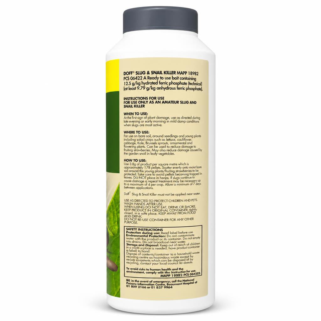 Back view of Doff Slug & Snail Killer packaging with usage instructions and safety information.