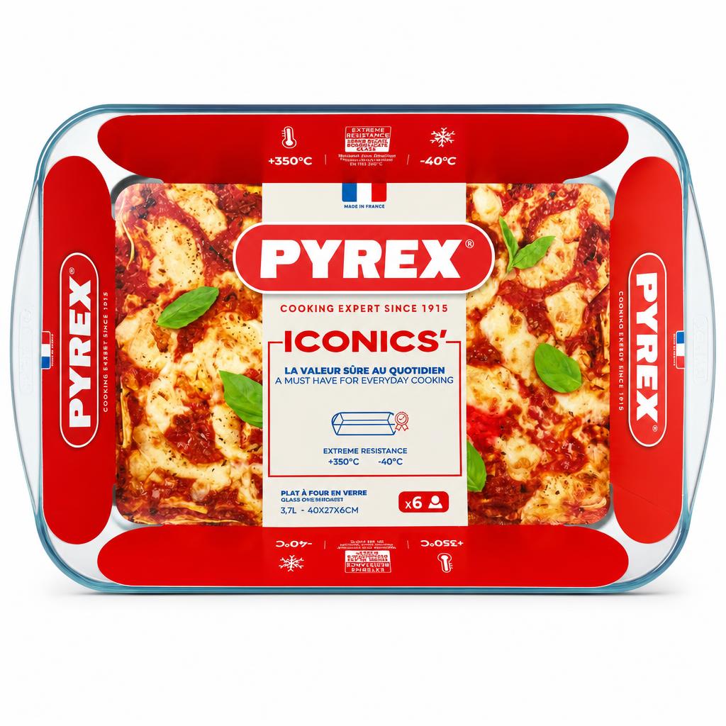 Top view of Pyrex Iconics Glass Oven Roaster in packaging