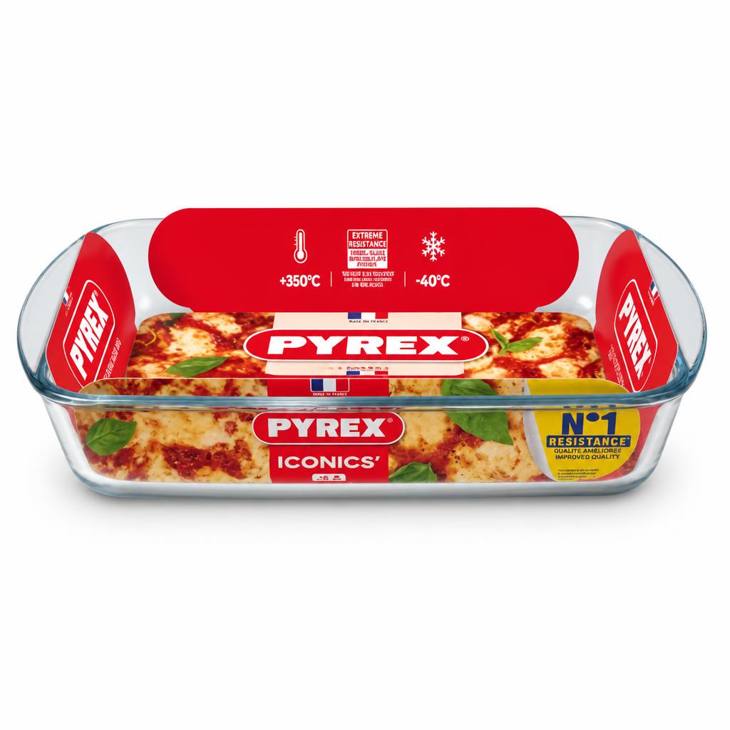 Side view of Pyrex Iconics Glass Oven Roaster in packaging
