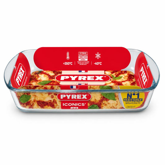 Side view of Pyrex Iconics Glass Oven Roaster in packaging