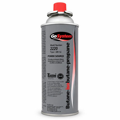 GoSystem gas cartridge with red cap showing label and safety information