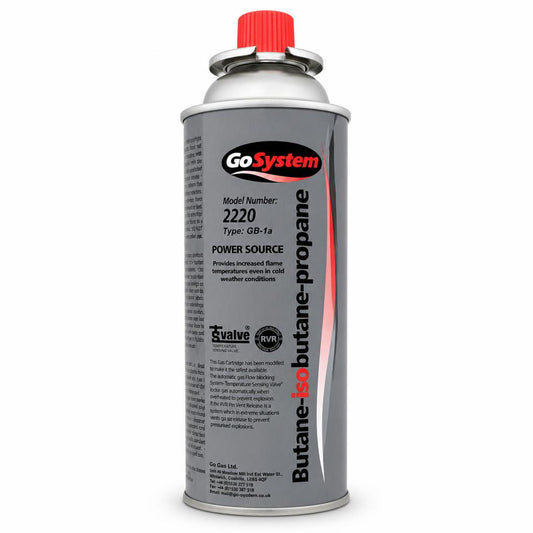 GoSystem gas cartridge with red cap showing label and safety information