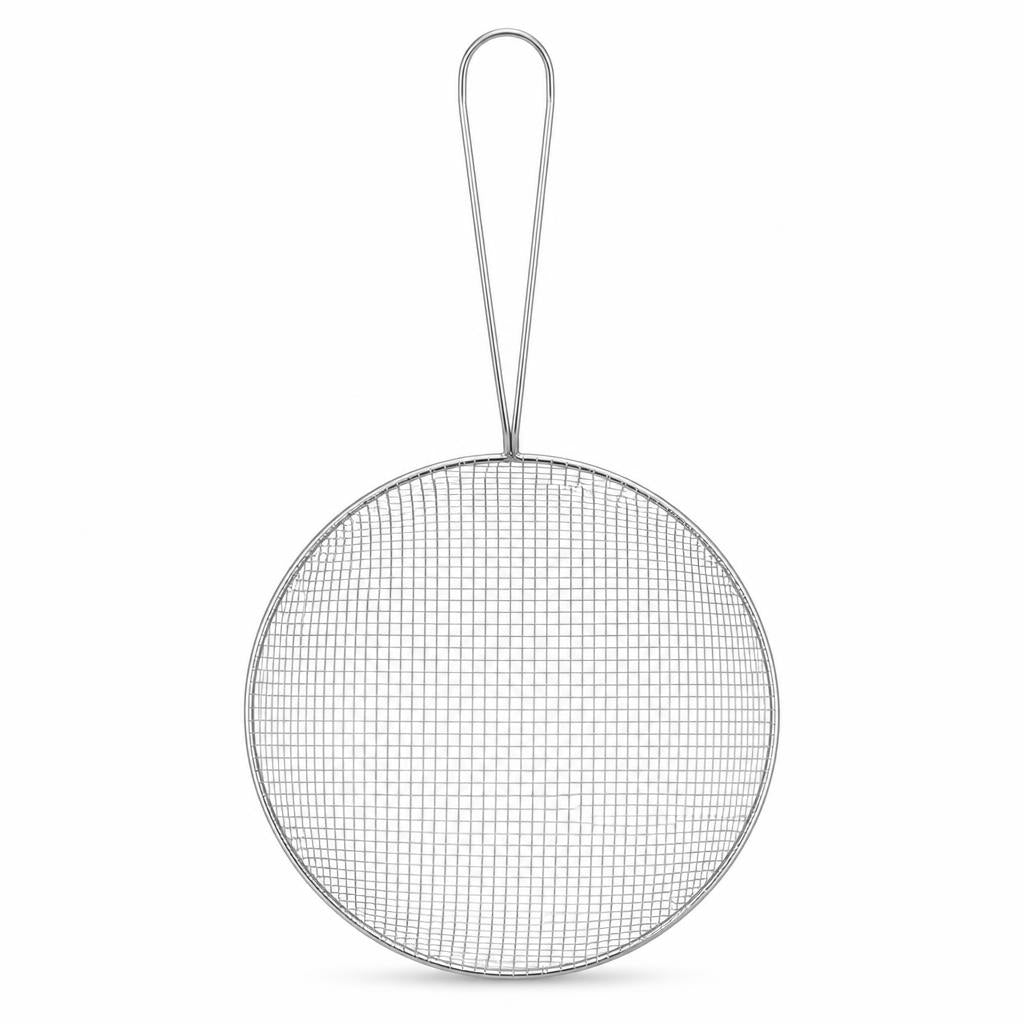 Stainless steel skimmer basket with handle on cardboard background