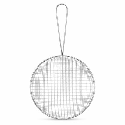 Stainless steel skimmer basket with handle on cardboard background