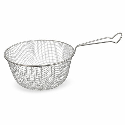 Side view of stainless steel skimmer basket on counter
