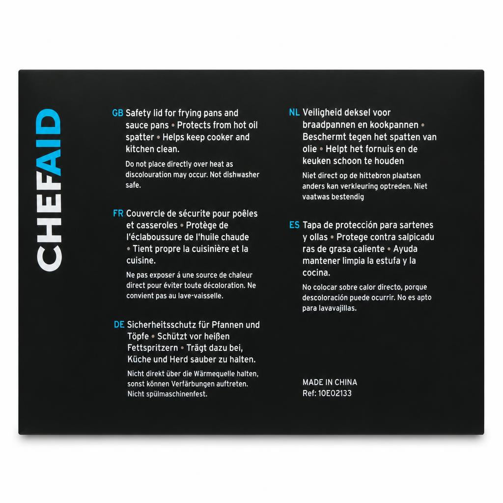 Back of Chef Aid Spatter Guard packaging with multilingual safety information
