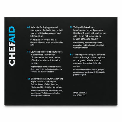 Back of Chef Aid Spatter Guard packaging with multilingual safety information