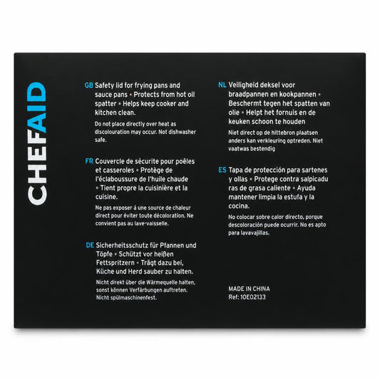 Back of Chef Aid Spatter Guard packaging with multilingual safety information