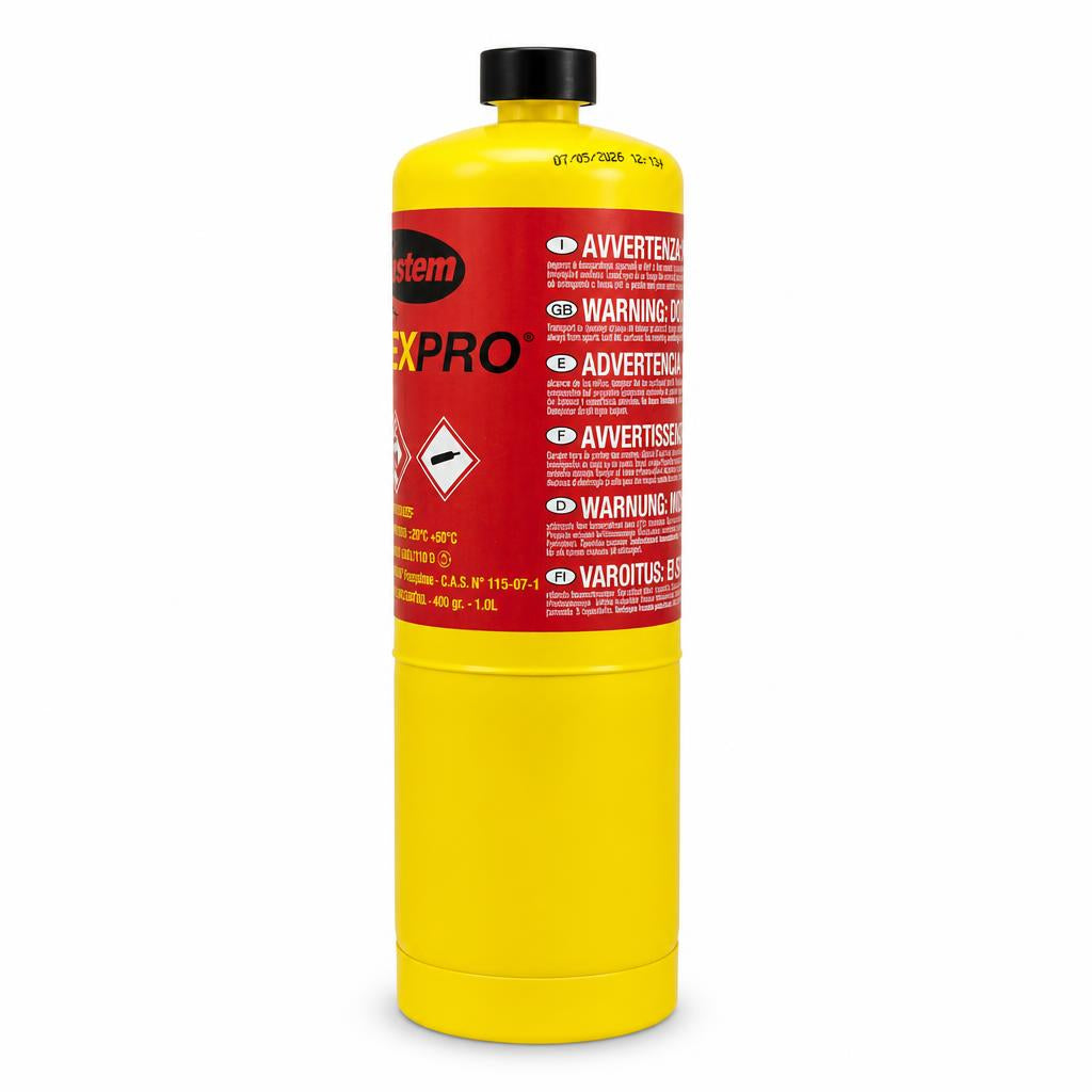 Back view of GoSystem GASEx Pro Propylene Cylinder with warnings