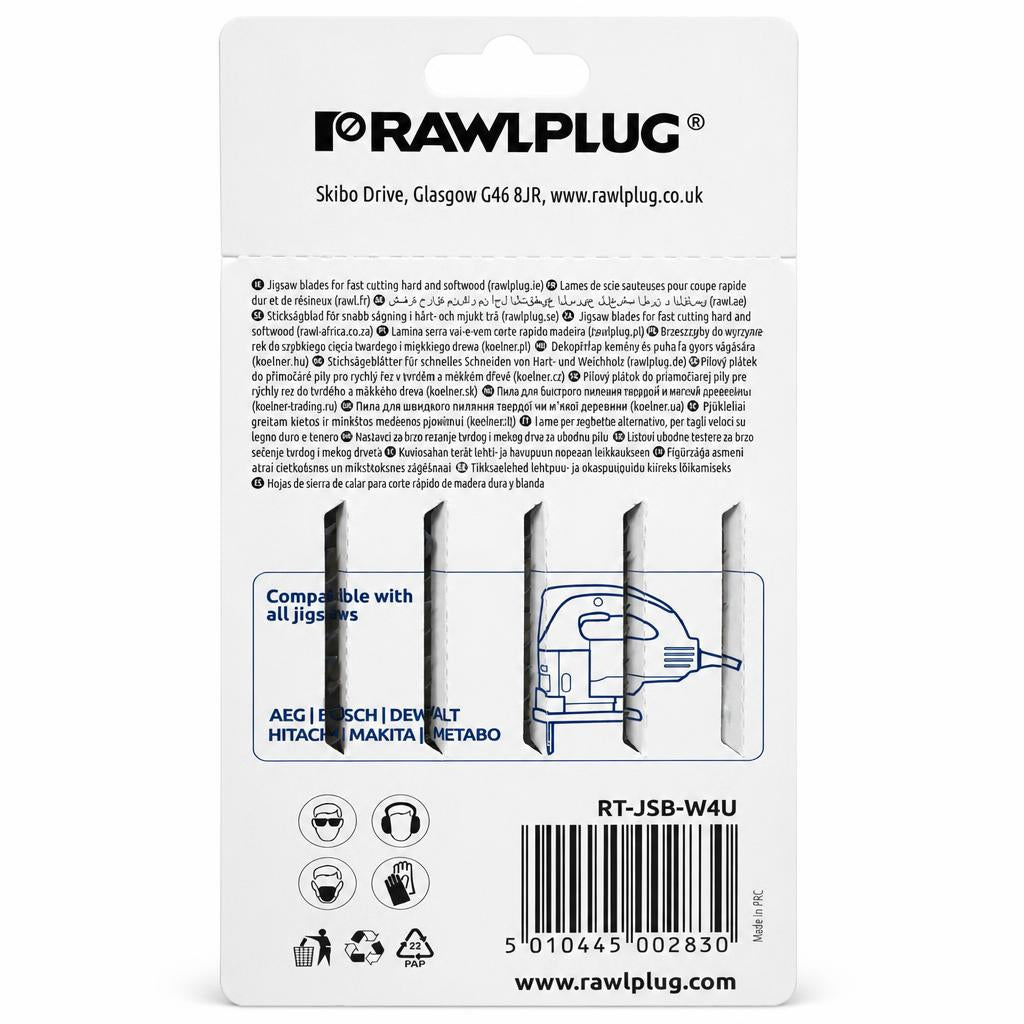 Back of Rawlplug jigsaw blades packaging with details