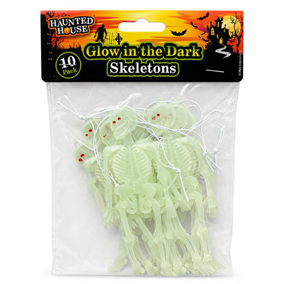 Pack of glow-in-the-dark skeletons hanging on display