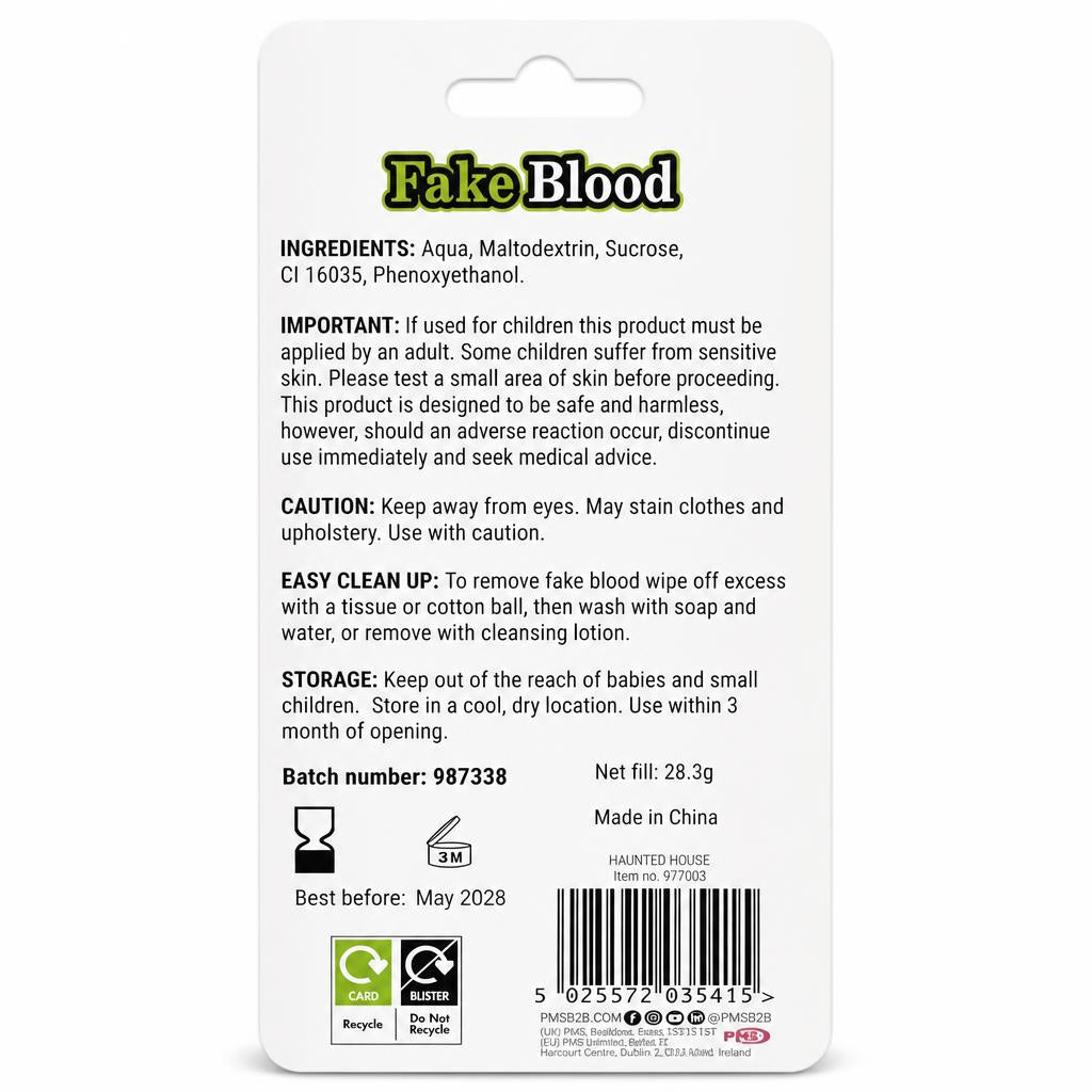 Back of Haunted House Fake Blood packaging detailing ingredients and safety instructions