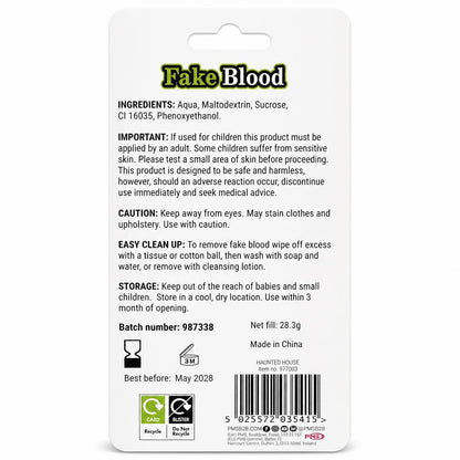 Back of Haunted House Fake Blood packaging detailing ingredients and safety instructions