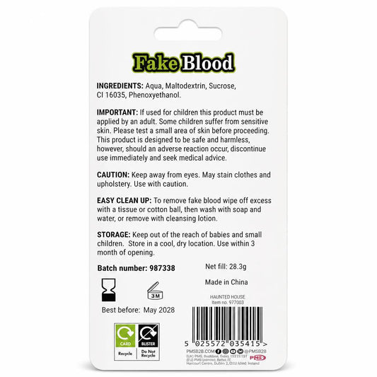 Back of Haunted House Fake Blood packaging detailing ingredients and safety instructions