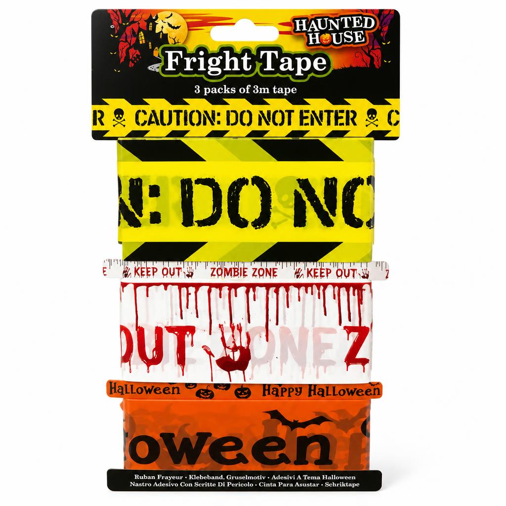 Packaging of Haunted House Fright Tape showing three designs.