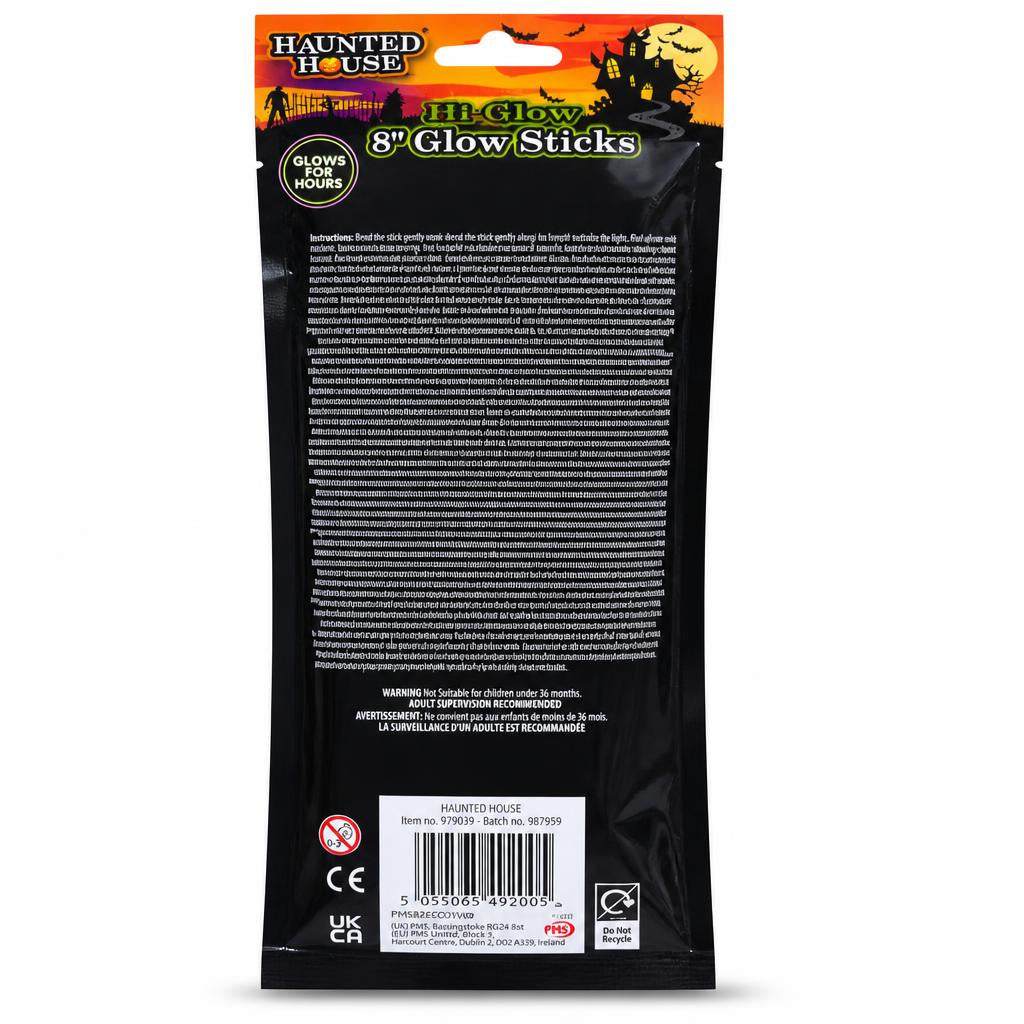Back view with instructions and barcode of Haunted House Hi-Glow 8" Glow Sticks