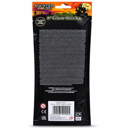 Back view with instructions and barcode of Haunted House Hi-Glow 8" Glow Sticks