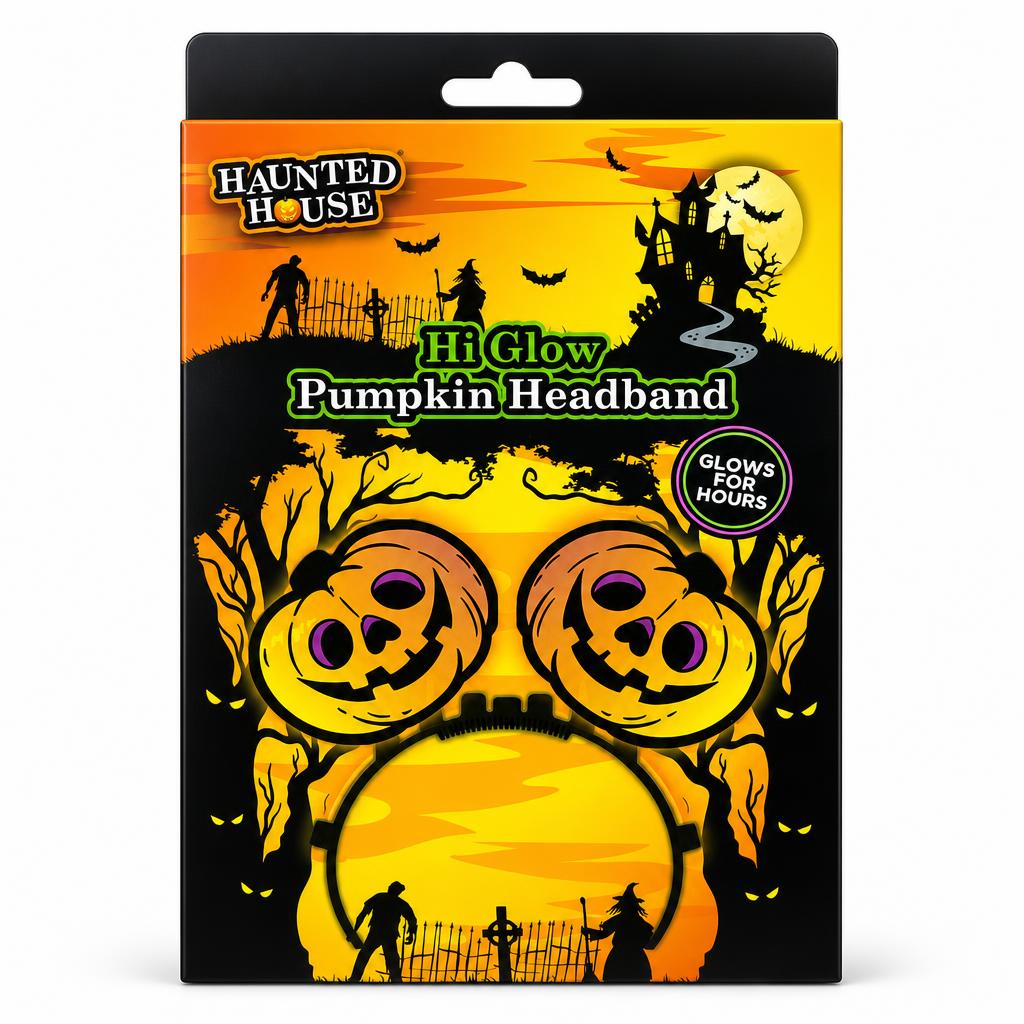 Front view of Haunted House Hi Glow Pumpkin Headband packaging