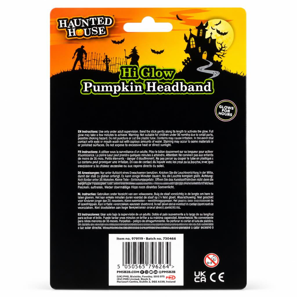 Back view of Haunted House Hi Glow Pumpkin Headband with instructions and barcode