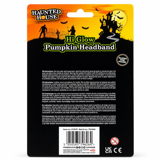 Back view of Haunted House Hi Glow Pumpkin Headband with instructions and barcode