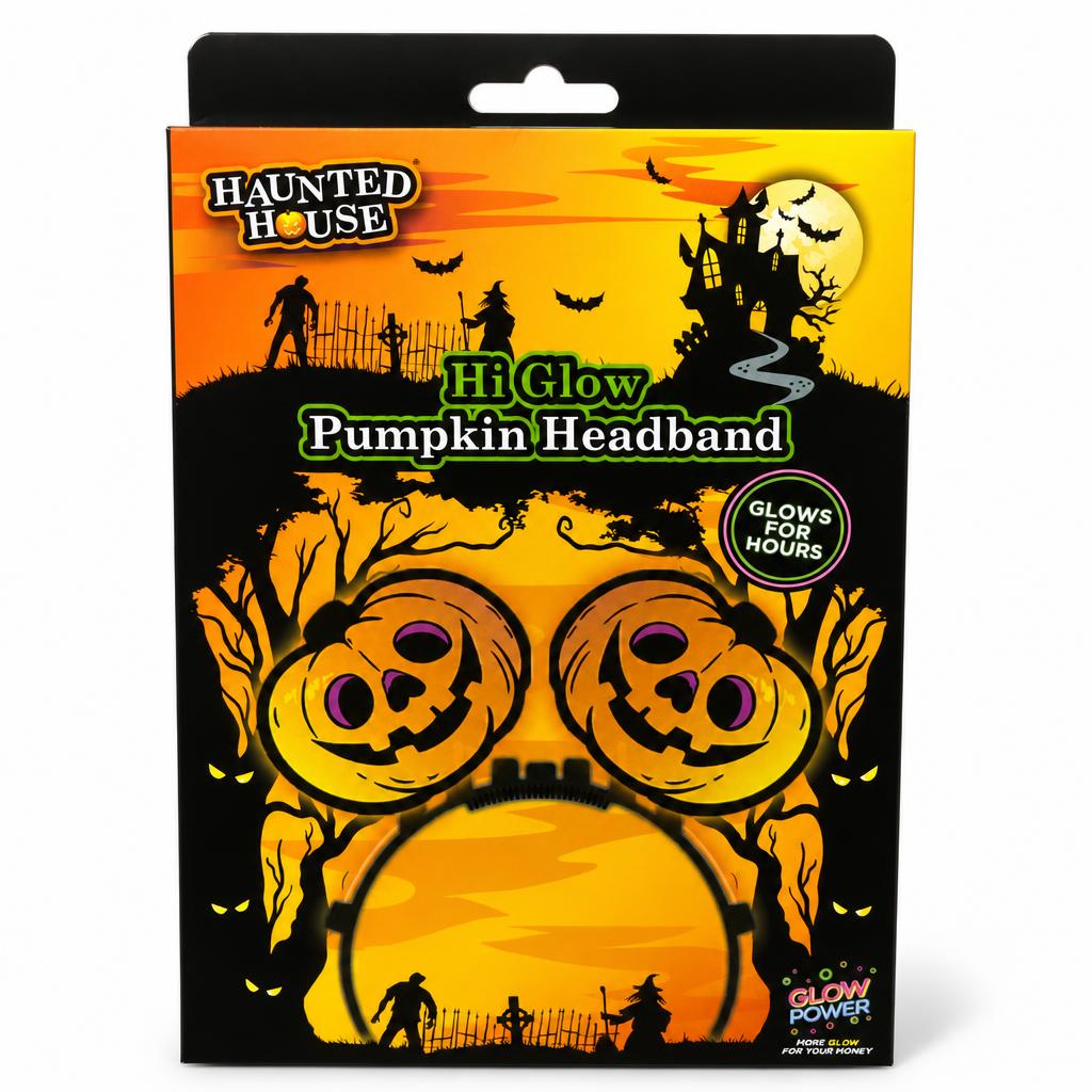 Front view of the Haunted House Hi Glow Pumpkin Headband packaging