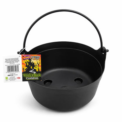 A black cauldron with a handle on a store shelf.